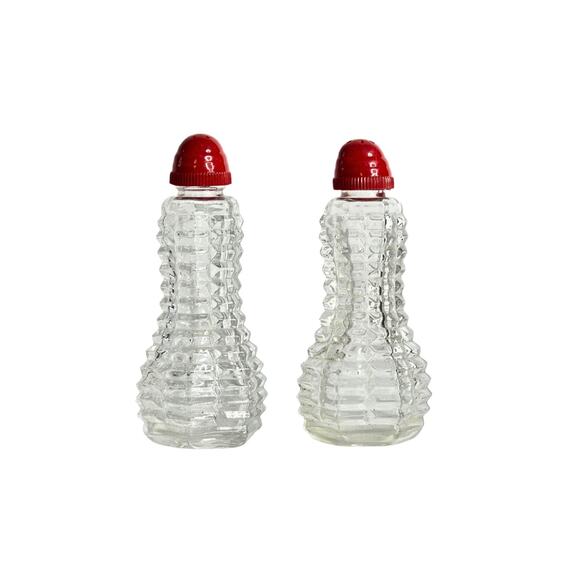 Vintage Waffle Pattern Salt & Pepper Shakers with Red Lids | Retro Kitchen - Picture 1 of 10